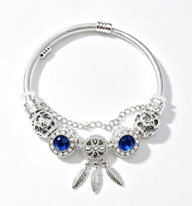 Dreamcatcher Feather Charm Silver Twisted Cable Bangle, Pink & Blue Crystal Rhinestone Hollow Bead Bracelet, Luxury Jewelry Gift for Women