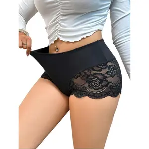 Women's Plus Size Contrast Lace Boyshorts Mid Rise Tummy Control Panties Underwear