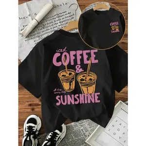 Iced Coffee And Sunshine Graphic Tee Women Cute Oversized Crewneck Short Sleeve Casual Loose Fit Soft  Summer Streetwear Vacation Outfit