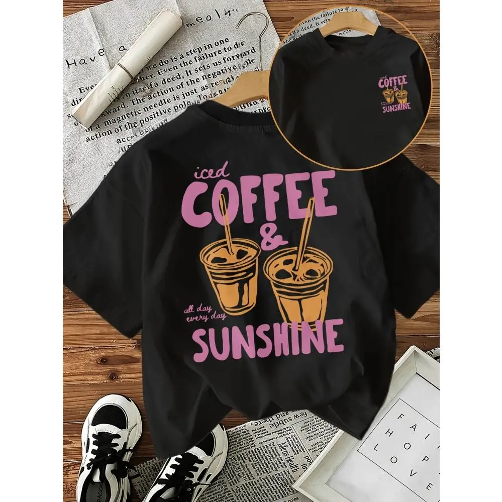 Women's Iced Coffee And Sunshine Graphic Oversized Round Neck Short Sleeve Top, Cute Loose Fit Soft Summer Streetwear Tshirt for Lady Vacation Outfits (Sports & Outdoor Clothing), Oversized Tshirt Women, Casual Wear, Graphic Tee
