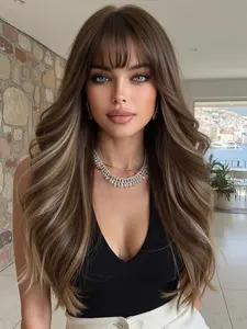 Long Curly Wig with Bangs, Heat Resistant Fiber Wig for Daily Use, Medium Length, Suitable for All Seasons