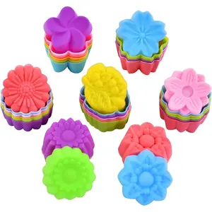 Reusable Silicone Baking Cups, 2 Inch Mini Size Silicone Cupcake Liners for baking, Multi Flower Shapes reusable Muffin Liners, Pack of 42