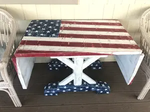 Farm Mechanic American Flag Drop-Leaf Accent Table, Custom Hand Painted and Weathered, FSC Certified Wood, Hinged Design, 74" Expandable (Closed) & 70" Expandable (Open), Made in the U.S.A.