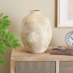 Beige Ceramic Antique Wide Decorative Vase with Shades of Pink