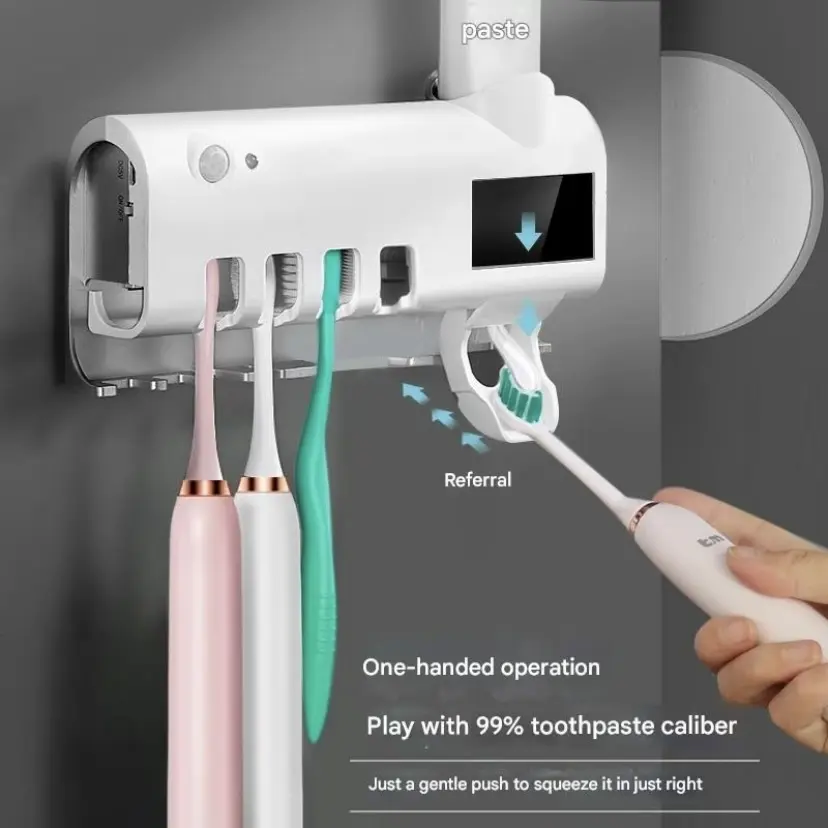 PVC Smart UV Toothbrush Holder with Auto Toothpaste Squeezer - Solar-Powered Wall-Mount Bacteria-Killing Sterilizer, Durable Modern, Rechargeable, Portable, Auto Shut-Off, Bathroom Home Supply (White), Toothbrush Protector, Toothpaste Squeezers