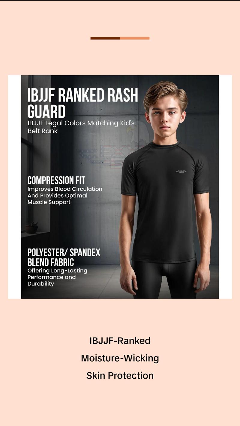 Exxact Sports Kids BJJ Rash Guard Short Sleeve, Ranked No Gi Jiu Jitsu Compression Shirt for Boys & Girls for MMA, Wrestling - (Black) Activewear