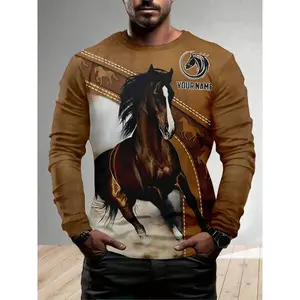 Men's long-sleeved T-shirt with a neutral horse print printed with a cartoon horse pattern, versatile for casual dating and cool patterns, suitable for long-sleeved 3D printing