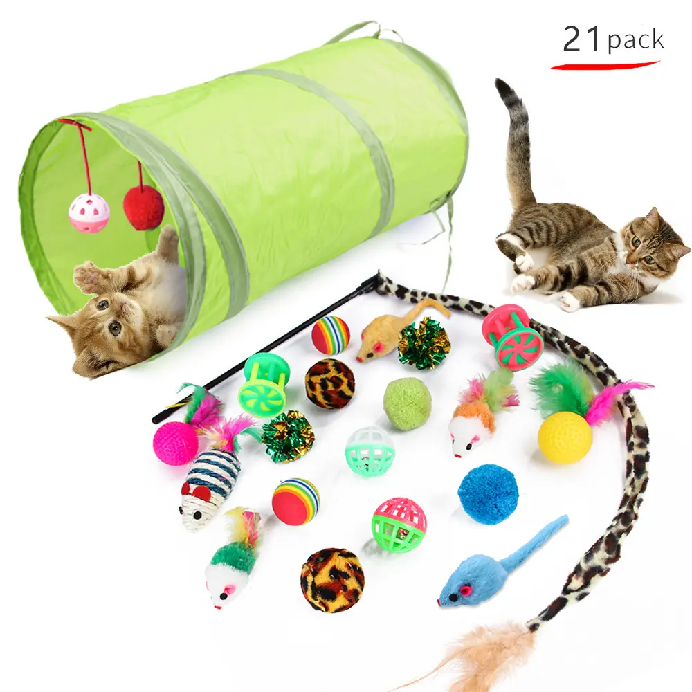 Pet Cat Toy Set 21 Pieces Cat Tunnel Teaser Wand Plush Mouse Combination Toy Bungee