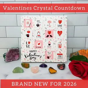 Valentines Crystal Countdown Calendar 8x8 Box with 14 Unique Tumbled Stones, Minerals, and Gems for Couples Gift, Romantic Valentine's Day Activity for Kids, and Rock Collection Starter