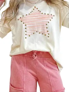 Oversized Star Studded Graphic Tee Women Casual Short Sleeve Round Neck T-Shirt
