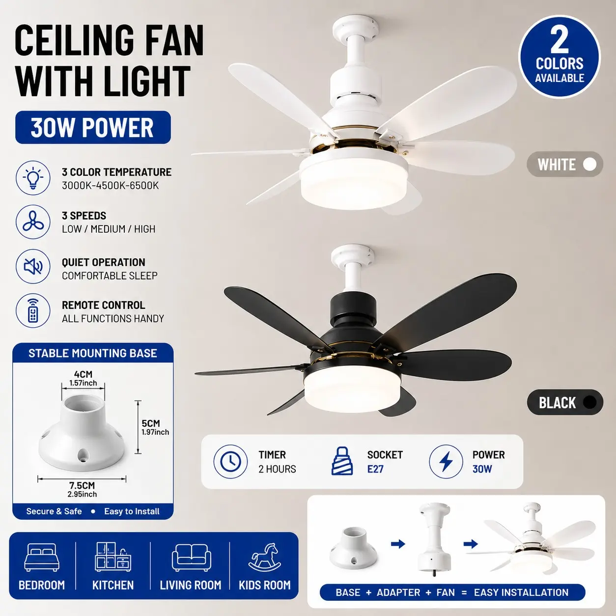 Smart fan light, with remote control, three-color modes and silent operation, E27 screw base ceiling fan, Ceiling Fans Lights, 30W LED fan light with spotlight, color temperature 3000K–6500K, adjustable brightness, suitable for home use, Indoor lighting
