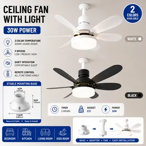Smart fan light, Smart lighting, with remote control, three-color modes and silent operation, E27 screw base ceiling fan, 30W LED fan light with spotlight, color temperature 3000K–6500K, adjustable brightness, suitable for home use, Indoor lighting