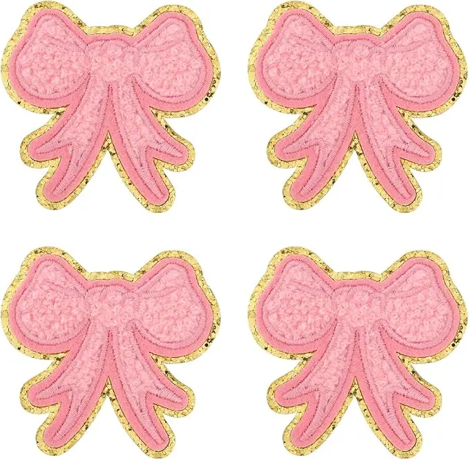 4pcs Pink Bow Patches, Cute Iron On Patches Embroidered Chenille Ribbon Bow Patch Sticker Sew on Decorative Applique Embroidery Patches for Clothes Jeans Jacket Hat Bag Backpack T-shirt DIY Crafts