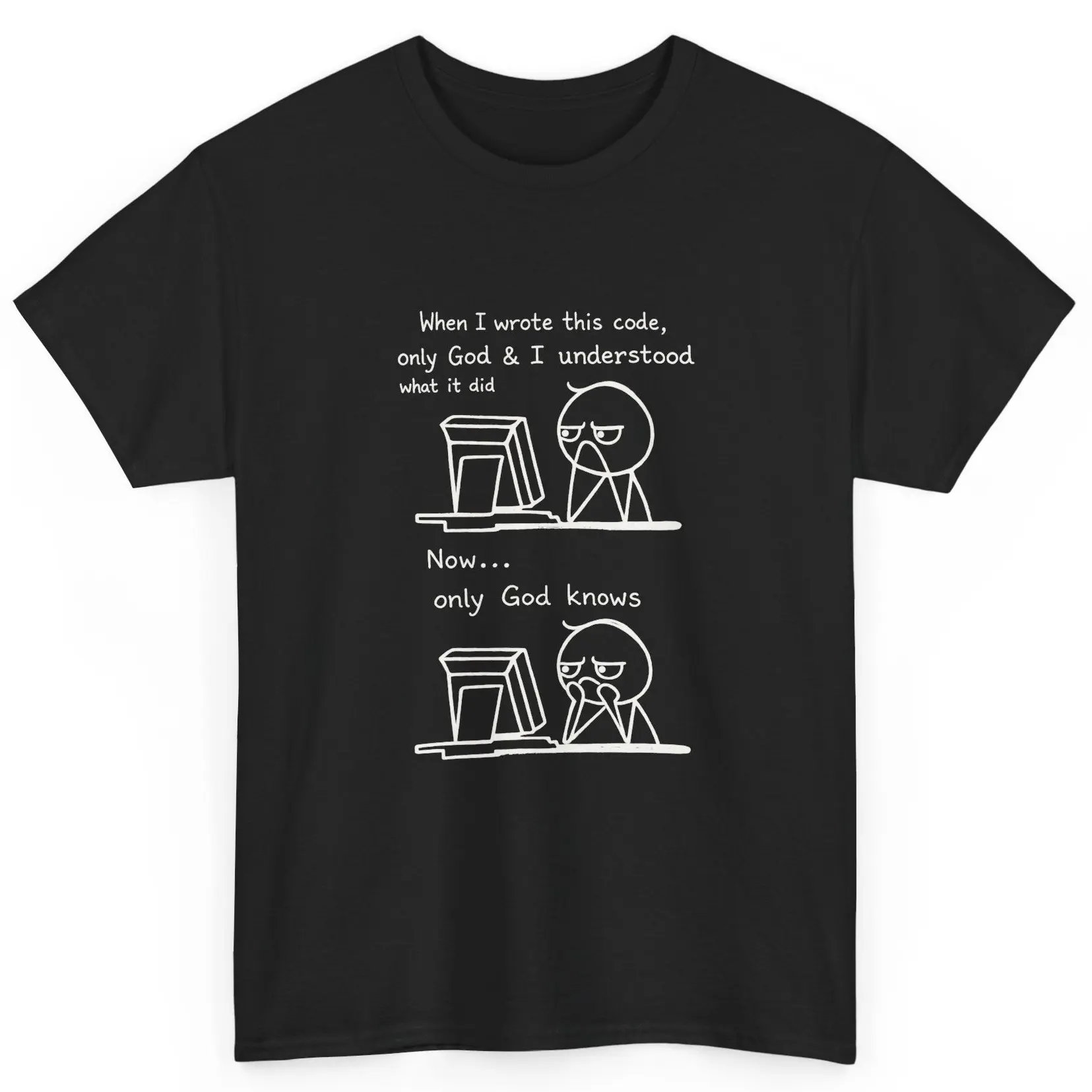 When I Wrote This Code Only God Knows T‑Shirt, Funny Stick Figure Programmer Graphic Tee, Casual Short Sleeve Top for Software Engineers & Coding Nerds