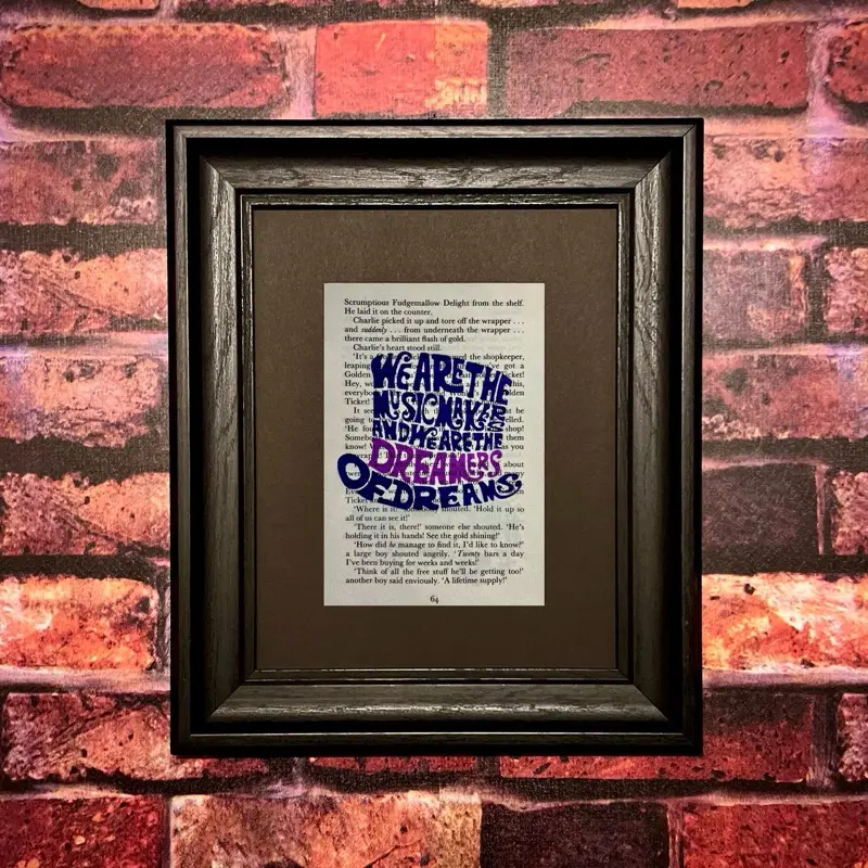 Willy Wonka Matted Book Page Art Print - Art on Various Pages, Black Picture Mat with Backing Board - Decor Artistic Decoration