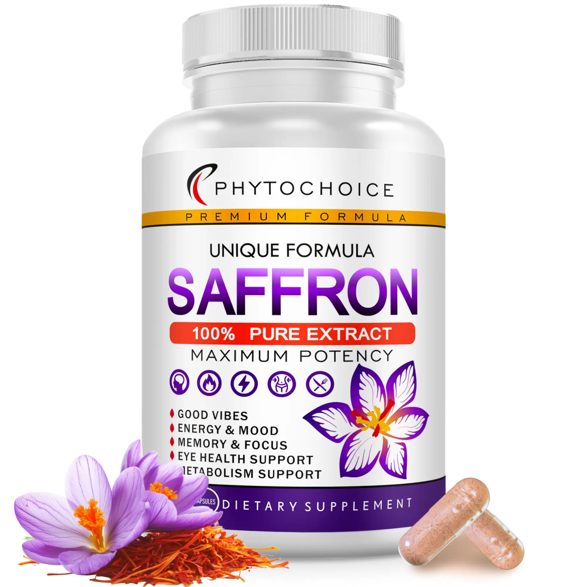 100% Pure Saffron Extract Capsules | Boost Energy & Mood, Support Eye, Focus, Vision | Made in USA 90 Capsules