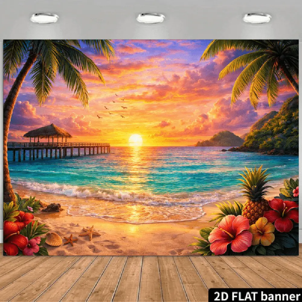 2D Flat Polyester Photo Backdrop Banner, HD Print Tropical Beach Sunset Ocean Scene, Soft Lightweight Foldable Indoor Cloth for Birthday Party Decor, Wedding Photos Use
