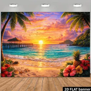 2D Flat Banner Polyester Photography Backdrop, HD Digitally Printed Tropical Beach Sunset Ocean Scene, Soft Lightweight Foldable Background Cloth for Party Decorations, Wedding Photos, Video Studio, Livestreaming, and Product Phot