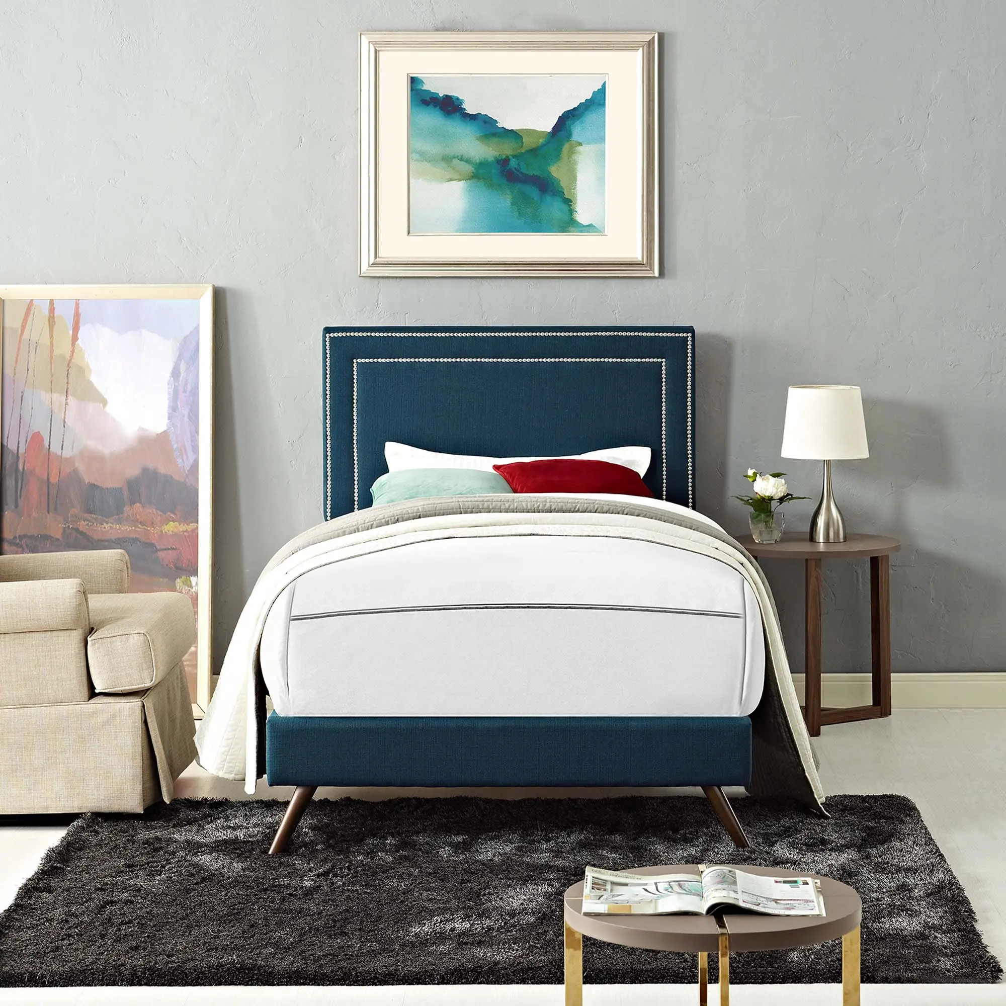 Modway Virginia Twin Fabric Platform Bed with Round Splayed Legs in Azure
