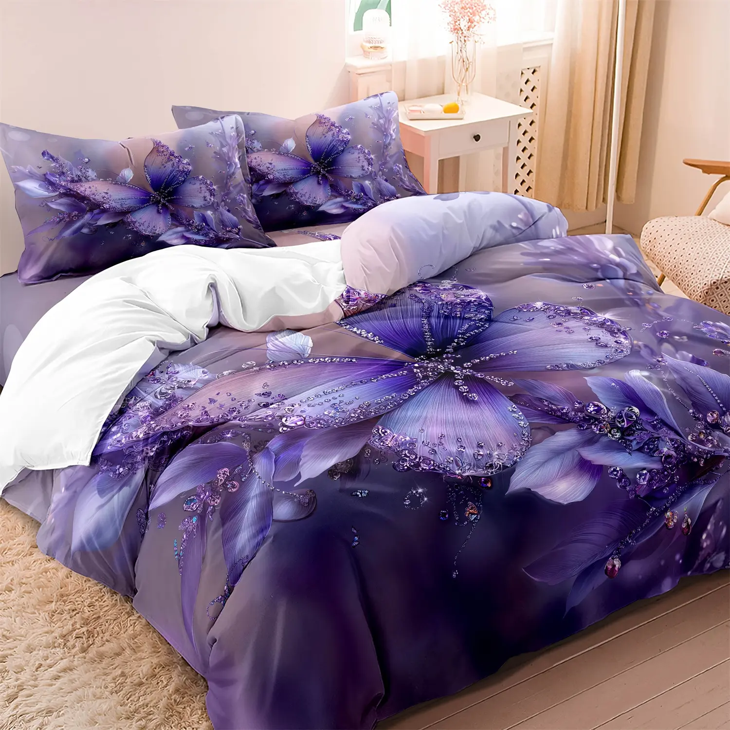 3Pcs Butterfly & Floral Printed Bedding Set, Machine Washable 1*Duvet Cover & 2 Pillowcases Without Filler, Soft Comfortable For Home Bedroom Hotel, Dormitary Bed Sets Supplies Comfy Bedding Sets [Back To School]