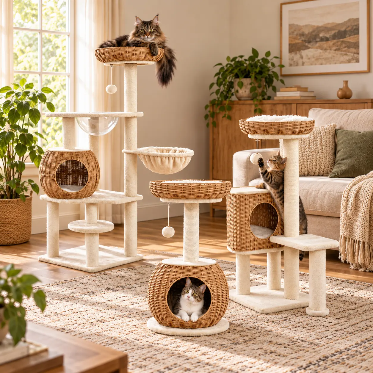 Yaheetech 54in Rattan Cat Tree Tower - Luxury Woven Kitten Condo, 360° Bowl View Bowl, Washable Cushions, 8 Thick Posts Base Scratching Posts, Indoor Cat Furniture