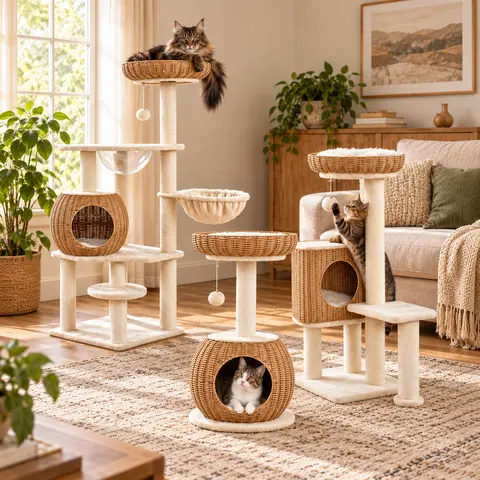 Yaheetech 54in Rattan Cat Tree Tower - Luxury Woven Kitten Condo, 360° Bowl View Bowl, Washable Cushions, 8 Thick Posts Base Scratching Posts, Indoor Cat Furniture