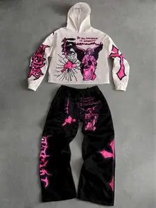 Trendy Y2K Gothic Two-Piece Set Outfit, Cute Angel Graphic Hoodie Top & Loose-Fit Pants, Streetwear for Daily Wear & Parties