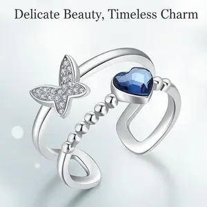 S925 Sterling Silver Butterfly Blue heart ring, Romantic Adjustable minimalist ring, Ideal Gifts for Your Loved Ones birthdays, anniversaries, or precious moments, it carries warmth charm for for Valentine's Day, Mother's Day, and Wedding, daily
