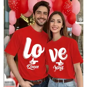 Valentine's Day Romantic Couple Matching Love Printed T-shirt Casual Round Neck Short Sleeves Elastic Polyester Blend Machine Washable Geometric Pattern Holiday Gift