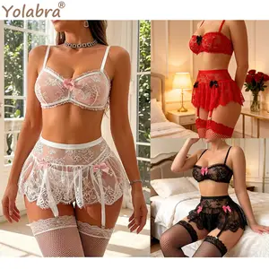 Sexy Mesh Lace See Through Lingerie Set, Patchwork Bra & Panty Underwear For Women