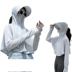 Women's  Cropped Sun Jackets with Hat Breathable Full Zip UV 50+ Protection Hoodie Long Sleeve Hiking Outdoor Shirts Lightweight Tops for Hiking Golf Running Climbing and Other Summer Outdoor Activities