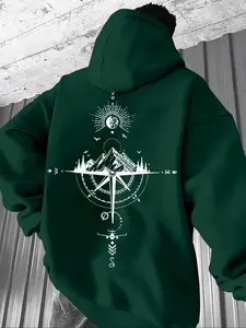 Men's Hooded Compass Print Sweatshirt, Long Sleeve Kangaroo Pocket, Casual Loose Fit Drawstring Pullover for Fall & Winter