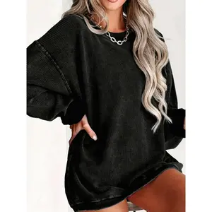 [Soft Sweatshirt] Soft Women's Casual Oversized Round Neck Long Sleeve Sweatshirt | Solid Color Spring/Fall Essential, Easy Care Hand Wash or Dry Clean, Cute Sweatshirts, Everyday Pullover, Relaxed Fit Top, Texture, Ribbed Cuffs