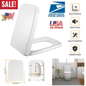 Square Toilet Seat with Grip-Tight Seat Bumpers Heavy-Duty Quiet-Close Quick-Release Easy Cleaning White