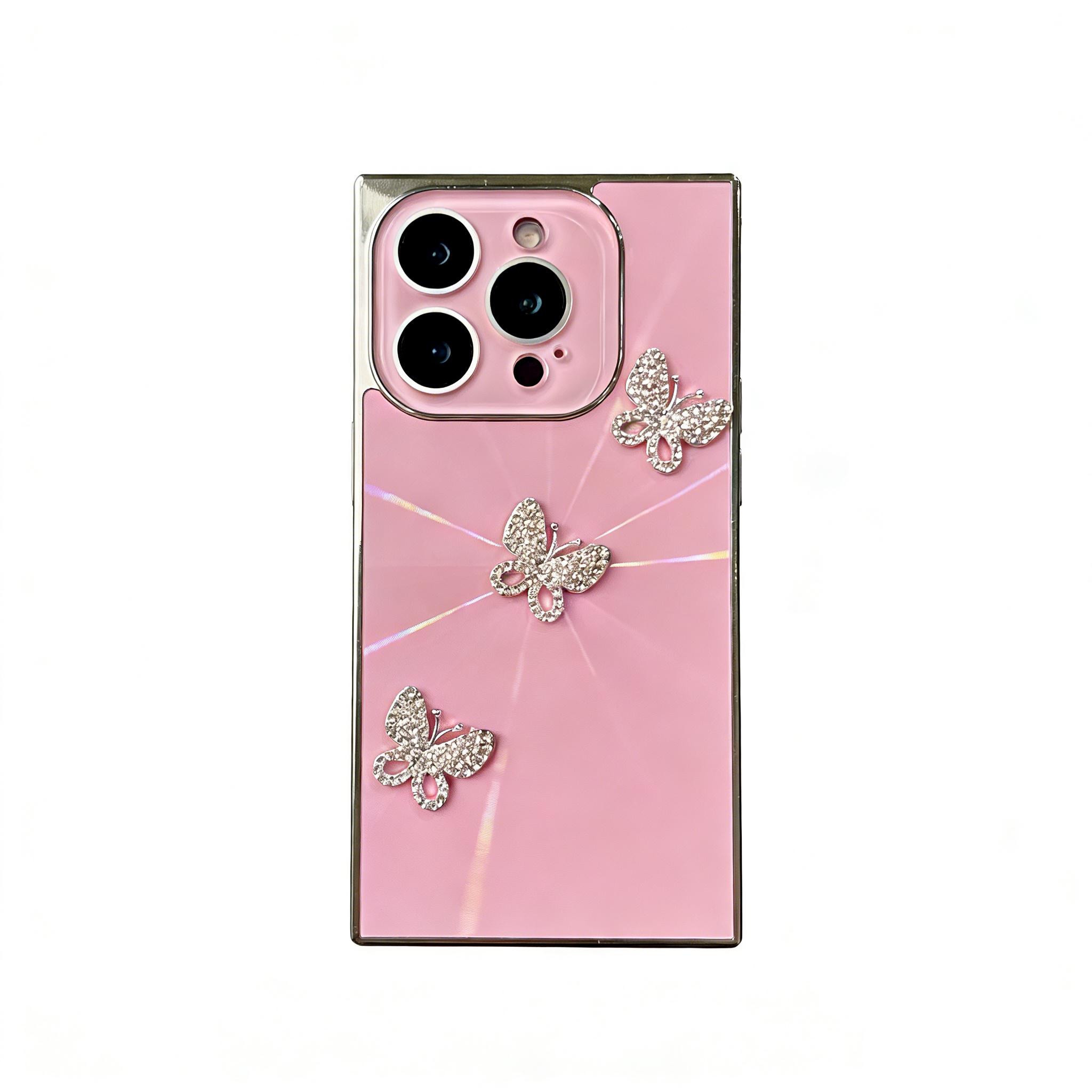 Luxury 3D Rhinestone Butterfly Square Edge Phone Case, Bling Glitter Electroplated Full Camera Protection Shockproof Cover for junk