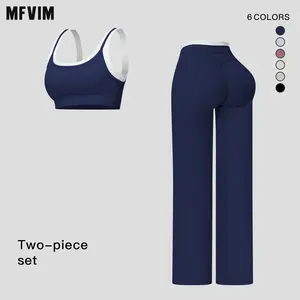 MFVIM women’s color-block nude yoga set featuring a faux two-piece thin-strap bra and high-waisted straight athletic pants; ribbed high-waist outdoor casual versatile fitness set