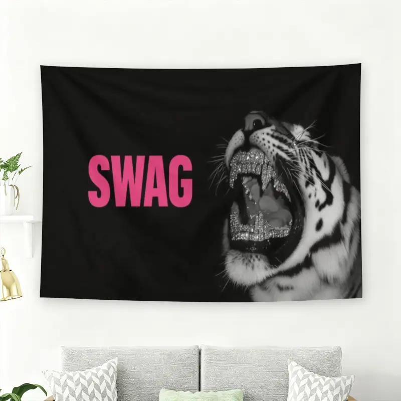 Pink SWAG Typography with Diamond Grill Tiger on Black Background Wall Flag, Edgy Hip Hop Room Decor, Decorative Tapestry Wall Hanging, Hanging Wall Art
