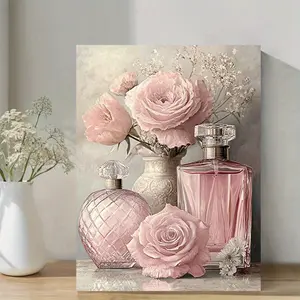 [Hanging Art] 1pc Vintage Floral Canvas Wall Art - Pink Roses & Perfume Bottles Elegant Bathroom Decor, Cottagecore Living Room, Framed Print for Women, Housewarming Gift, Retro Aesthetic, Wooden Frame, Durable, Home Decorators, 2D Flat, Room Decor