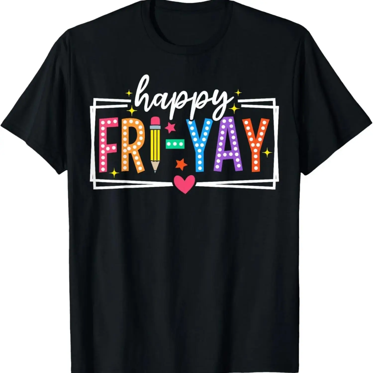 Fri Yay Fun Friday Cotton T-shirt Colorful Letter Print with Floral Round Neck Short Sleeve Stretch Fabric Casual Summer Top for Teachers