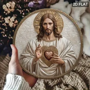 Jesus Sacred Heart Wall Art, 8 Inch Flat Metal Round Sign, Hand Heart Design, Religious Decorative Home & Porch Decor, Non-Precious Metal