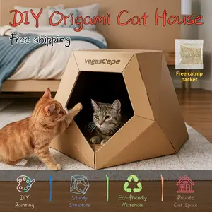 Vagascape DIY Origami Cat House, DIY Hand-Painted Cat House, Scratch-Resistant Kraft Paper Material, Foldable Washable Pet House, Ped Bedding, A Special Gift Just for Your Pet