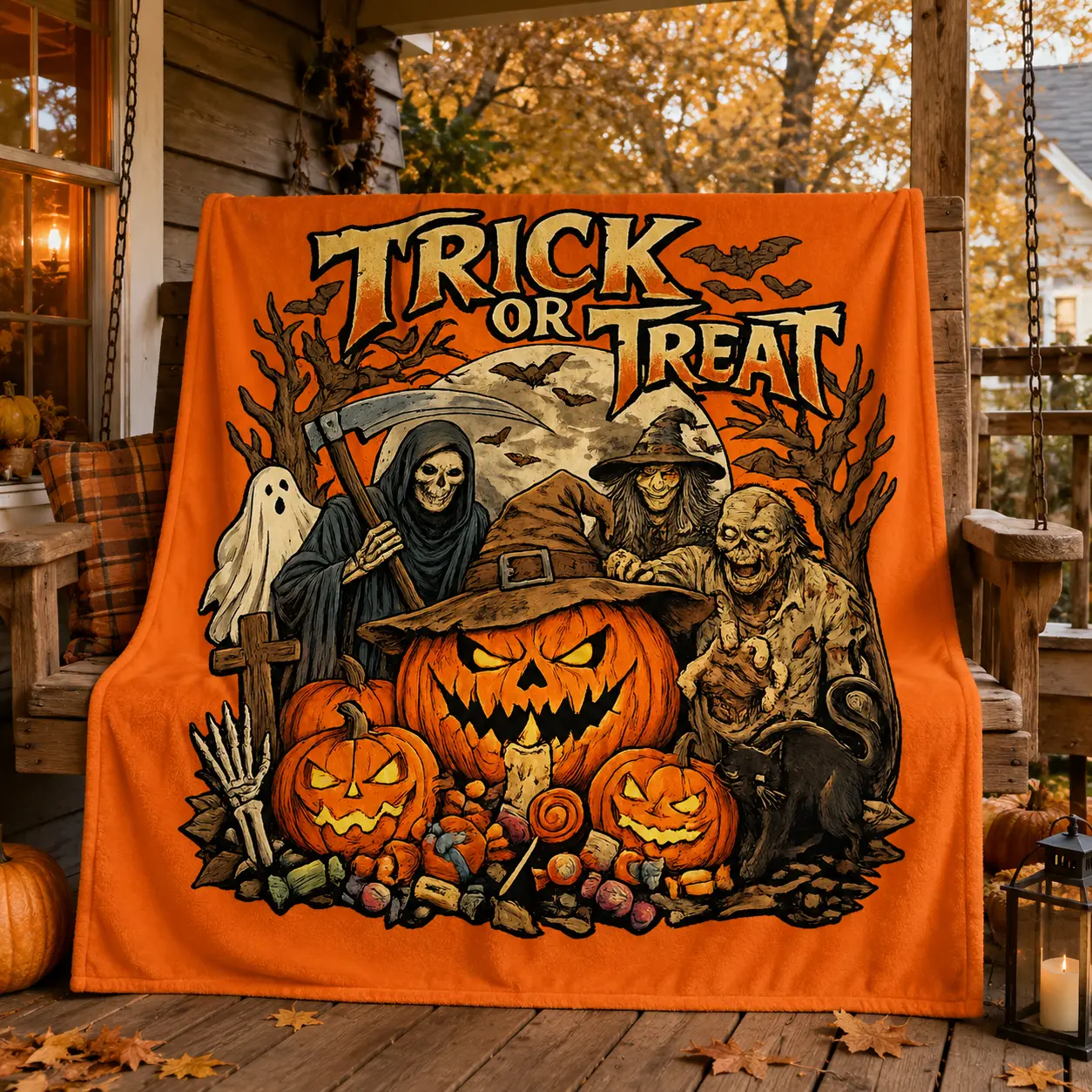 Trick Or Treat Halloween Throw Blanket, Orange Pumpkin Horror Fleece Blanket, Vintage Spooky Season Fall Decor Gift