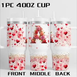 1 pc 40oz Valentine's Day Letter Tumbler, Reusable Tumbler, Rose Floral Initial Stainless Steel Travel Mug with Handle and Straw, Red Heart Print, Double Wall Insulated Cup for Hot & Cold Drinks, Romantic Gift for Women & Daily Use