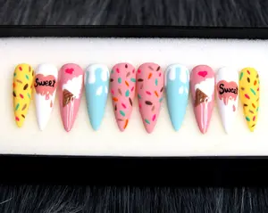 Happy Day Stiletto Press On Nails – Handmade Ice Cream Press On Nails | Cute Summer False Nails | Long Stiletto Reusable Fake Nails | Kawaii Nail Art Gift for Her