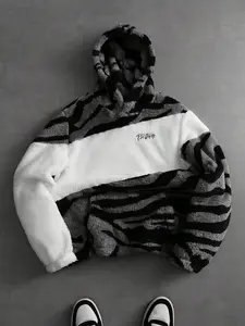 Vintage Zebra Print Fleece Hooded Sweatshirt, Street Style Retro, Colorblock Design, Loose Fit, Long Sleeve, Casual Fall & Winter Wear