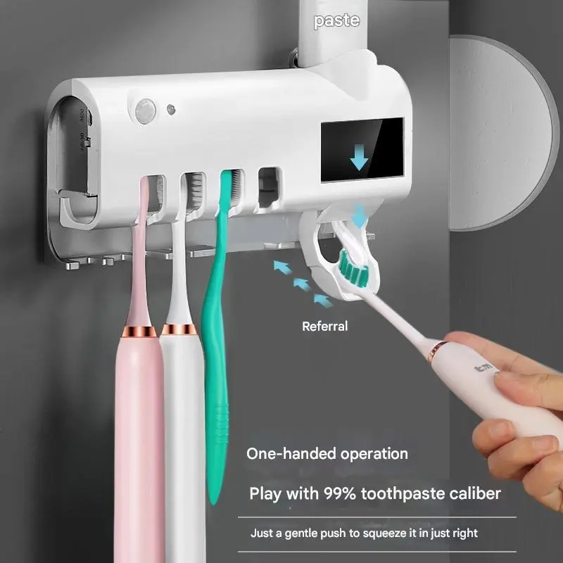 Smart UV Sanitizing Solar Powered Wall Mount Toothbrush Holder with Auto Toothpaste Dispenser