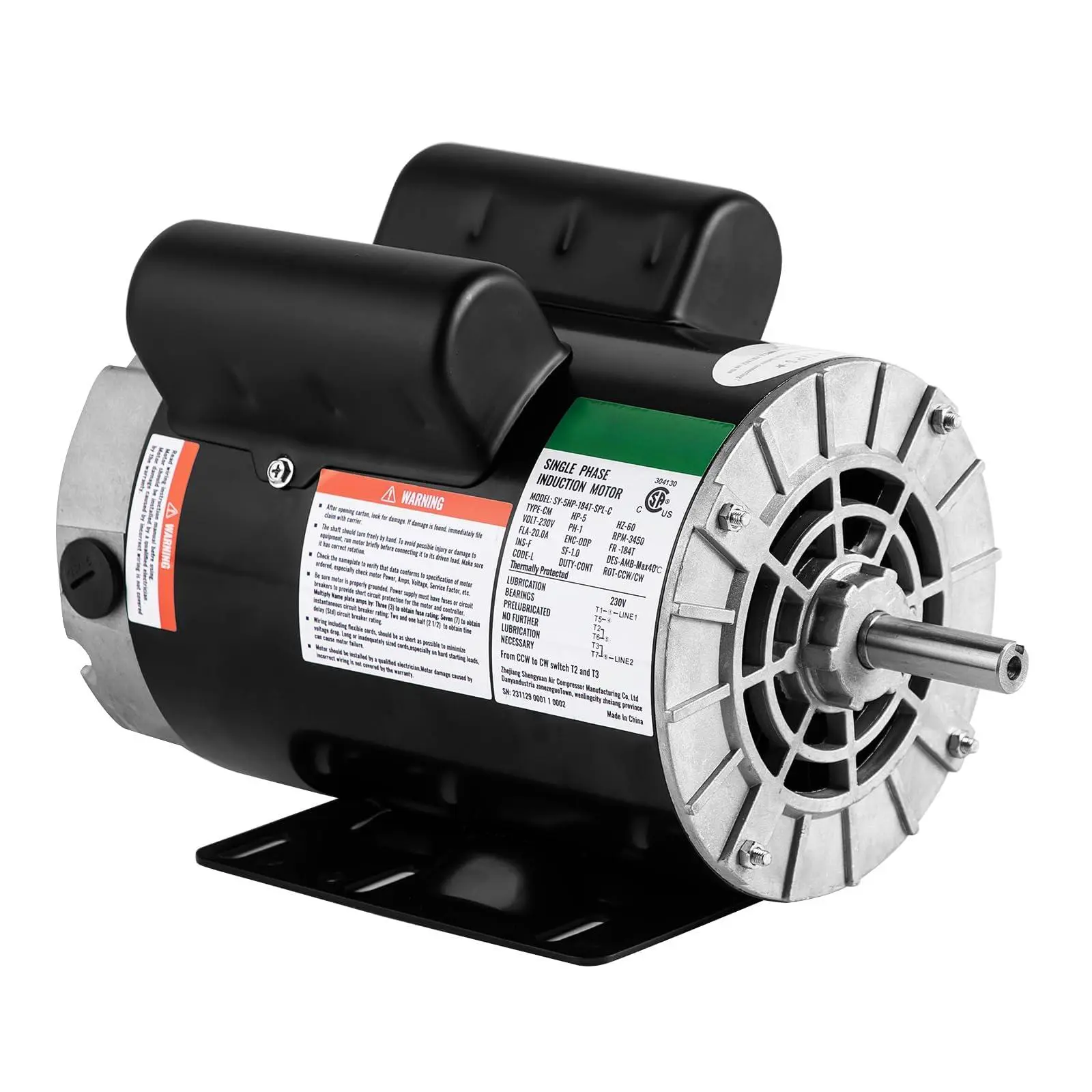5 HP SPL Air Compressor Motor 3450RPM 184T Frame Electric Motor 230V 1.88 Inch Shaft Length 7/8 Keyed Shaft Dual CW CCW Rotation for General Purpose Equipment
