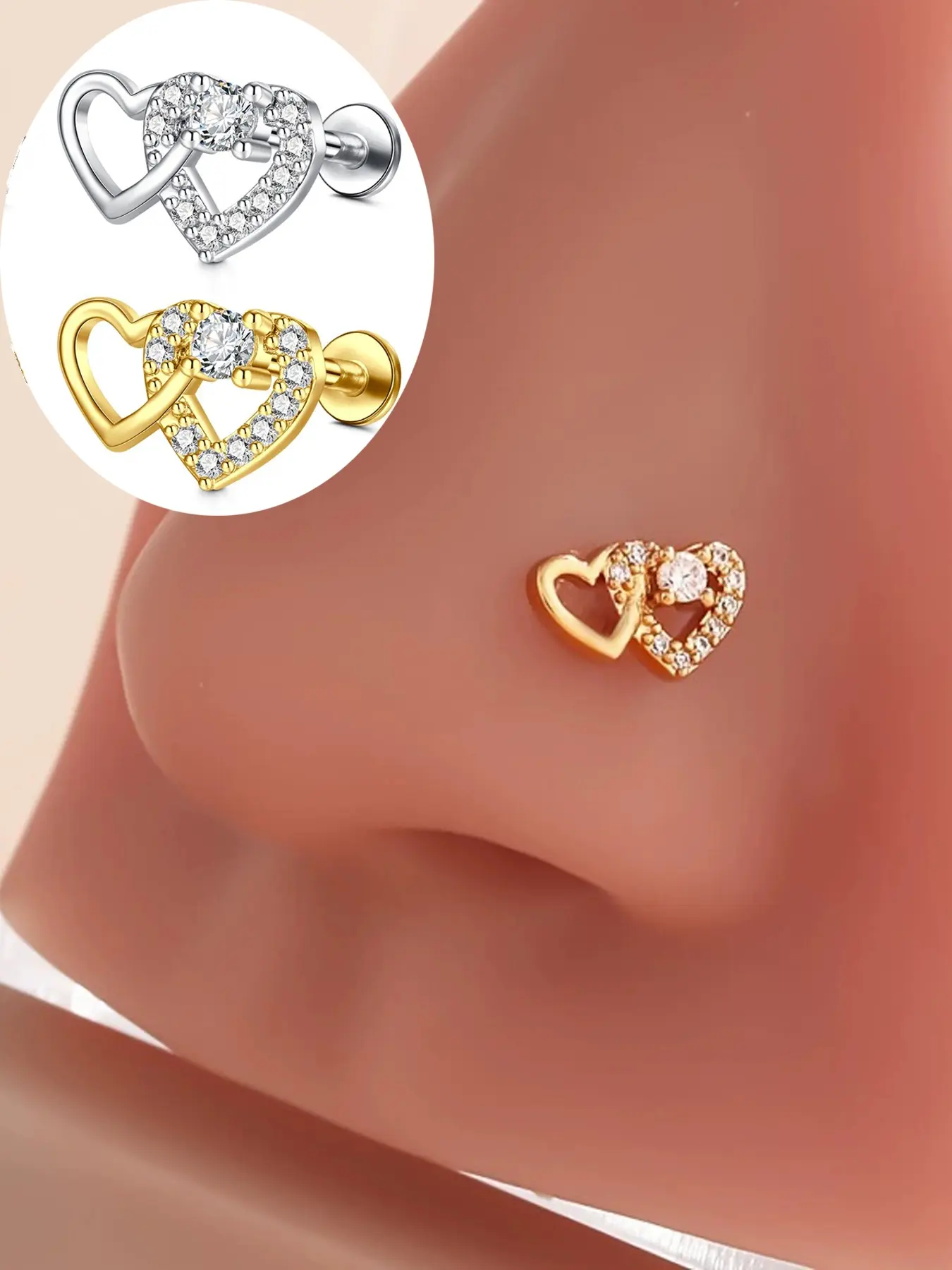 2pcs Cute Double Heart Push Pin Earring Studs Stainless Steel Cartilage Earrings Body Piercing Jewelry - Flat Back for Tragus/Helix/Conch, Dainty Threadless Jewelry (20G/16G 6/8mm)  Hypoallergenic Stacked Look Nose Piercing Cartilage Piercings
