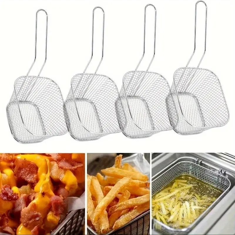 4pcs Stainless Steel Fry Serving Baskets with Easy-Grip Handles - Perfect for Cooking French Fries, Chicken Nuggets & More - Durable Metal Wire Design Kitchenware Strainer Basket