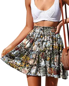 Women's Summer Boho Floral Print Mini Skirt High Waist Drawstring Tiered Skirts Womenswear Breathable Adjustable Flared Bohemian Fabric Pleated Ruffles Bottoms Polyester Short Clothes